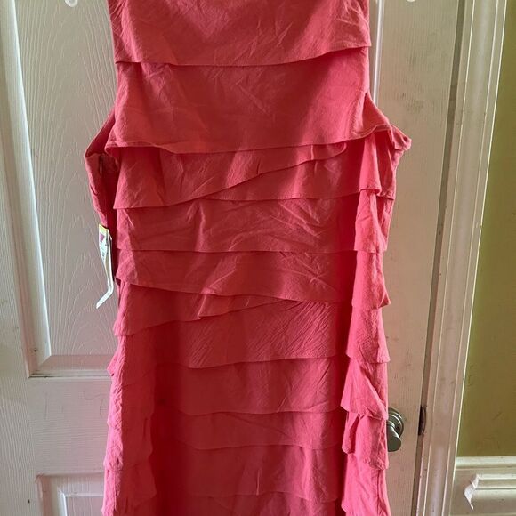 NWT S. L. Fashions Peach layered ruffles dress white beaded neck line dr… - Picture 4 of 8